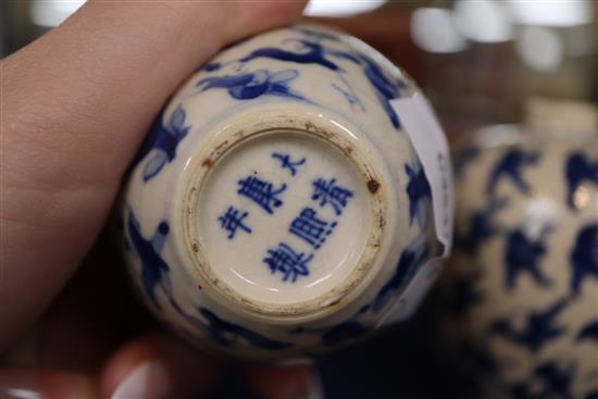 Two Chinese crackleglaze small blue and white vases, painted with figures, late 19th century plus wood scholars stand tallest 7cm